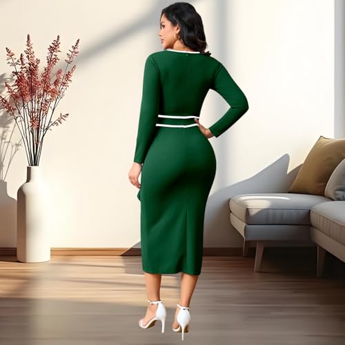 Image of Women's Elegant Church Vintage Bodycon Dress Casual Long Sleeve Work Business Pencil Split Sheath Midi Dresses