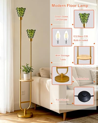Image of Lightdot 2-Lights Modern Glass Floor Lamp with Shelf Gold Standing Tall Lamps with Green Shell Glass Shade,LED Floor Lamp with Foot Switch for Living Room Bedroom Home Decor (3000K Bulbs Included)