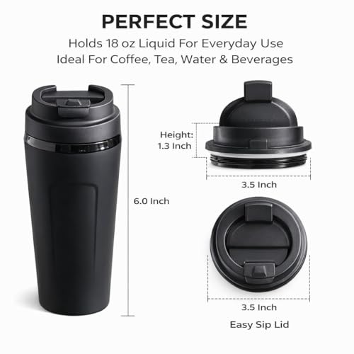 Image of SMAX 450ML Travel Coffee Mug with Lid | Reusable Leak Proof Tea & Coffee Cup for Office, Car & Travel | Portable Vacuum Tumbler for Hot & Cold Drinks | Black