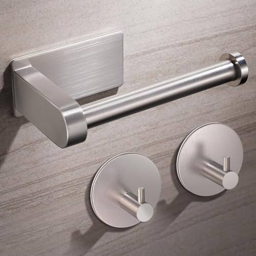 Aikzik Soporte para rollo de papel higiénico de pared, Premium de acero inoxidable 304 autoadhesivo y 2 ganchos adhesivos para baño y cocina, fuerte adhesivo y resistente al agua, plateado