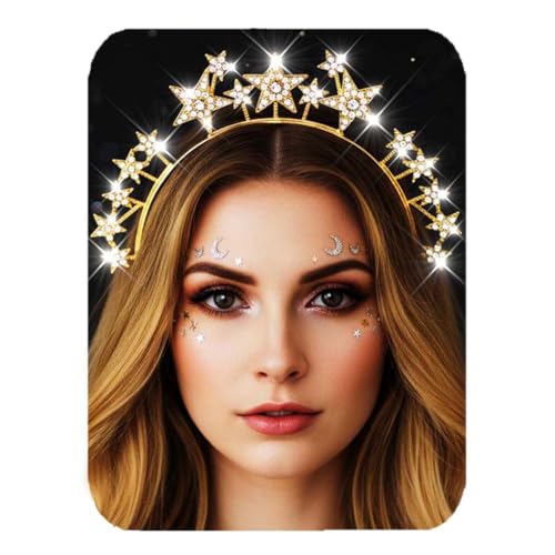Reaky Couronne halo en strass superposés - Couronne d'étoiles dorées - Serre-tête de déesse - Couronne halo - Costume bohème - Fête de mariage - Accessoire de cheveux pour femme