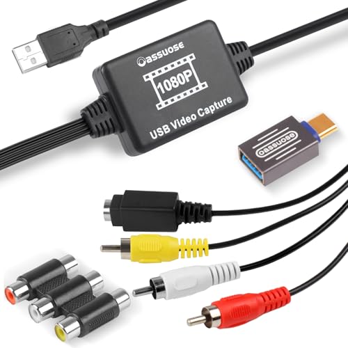Oassuose VHS to Digital Converter,USB-A/USB-C Video 1080P Capture Card,RCA/AV to USB2.0 Audio Video Transfer Grabber,Convert Analog VHS VCR Hi8 Mini DV to Digital Converter,for PC DVD Tape Camera