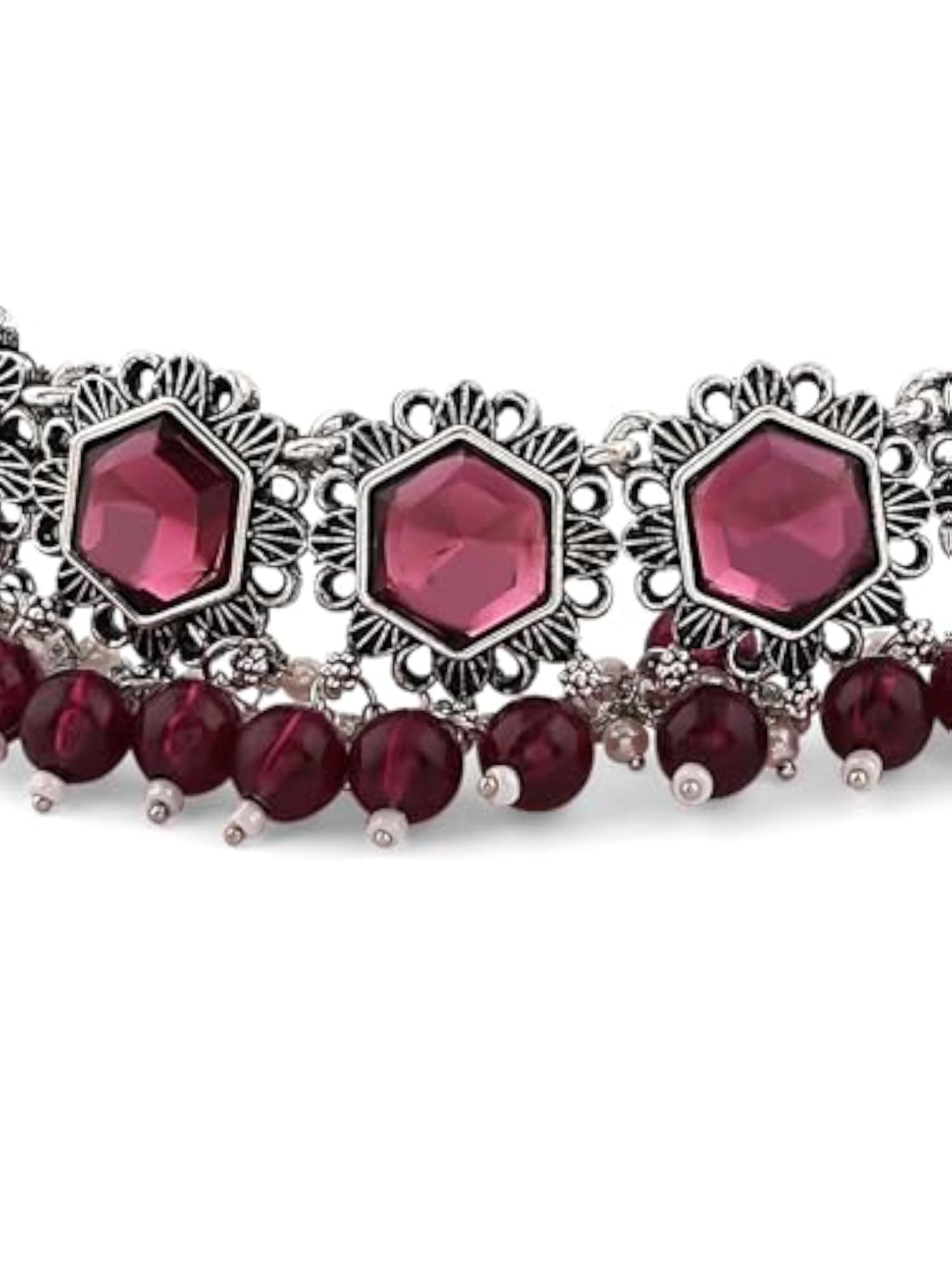 Women's Pink Stones & Beads Oxidised Choker Necklace Earring & Ring Set