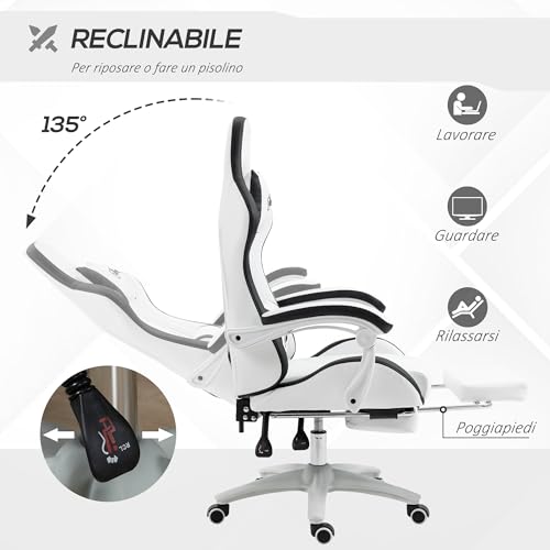 Sedia da Gaming Ergonomica in Pelle PU e Acciaio con Poggiatesta e Altezza Regolabile, Poltrona Gaming con Schienale Reclinabile e Cuscino Lombare, 65x65x121-129 cm, Bianco e Nero - Sedia gaming - Immagine 4