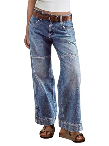 Flamingals Women's Stitch Detail Mid Waist Straight Leg Jeans Without Belt