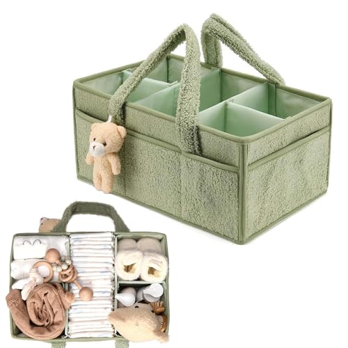 KQWVZ Baby Windel Caddy Organizer, Tragbarer Wickelorganizer Mit Fächern & Griffen, Plüsch Wickel Organizer Groß Mit Teddybärpuppe, Wickeltasche Organizer Für Kinder Car Wickel Bags (Grün)
