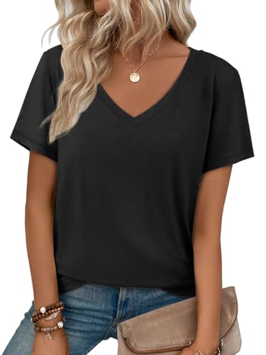 ATHMILE Womens Tops Shirts for Women Short Sleeve V Neck Tee Summer Fashion Trendy Soft Casual Spring Clothes Outfits Beach Black