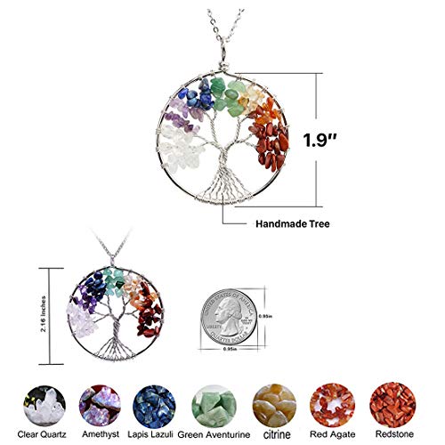 Image of Yellow Chimes Tree of Life 7 Chakra Stones Handmade Long Chain Pendant Necklace for Women and Girls