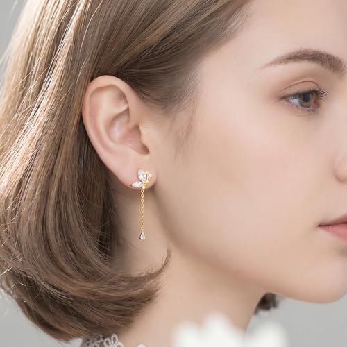 Pendientes de mariposa plata de ley 925 largos con circonitas y borla para mujer y niña 3