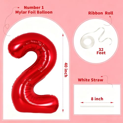 Image of Number Balloons Red Party Balloon - 40 Inch Large Number 2 Balloon, Numbers Balloon Birthday Decorations, Red Party Supplies for Anniversary