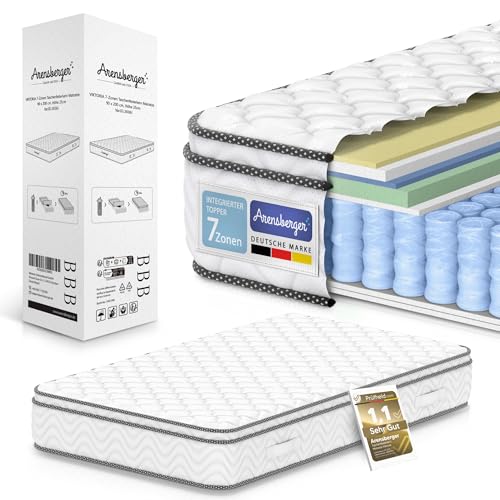 Arensberger Viktoria Matratze 140x200 cm | Federkernmatratze mit dynamischen Härtegrad (H2 H3 H4) und integriertem Topper | ergonomische Höhe 25cm | Taschenfederkern | 140x200cm Rollmatratze