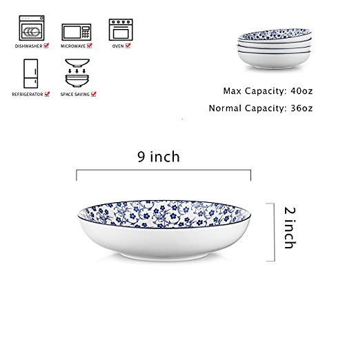 Selamica Porcelain 40oz Large Serving Bowls 9 inch Big Pasta Bowls Set of 4 for Eating, Microwave and Oven Safe, Vintage Blue - Image 2