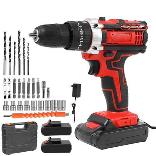 Taladro Percutor a Batería 21V,Motor Sin Escobillas,Cargador y Maletín,Portabrocas Metálico, Par Motor Elevado De 32 Nm,Velocidad De Rotación: 1500 Revoluciones Por Minuto (Una pila AA)