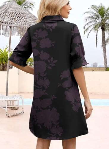 Image of Womens Summer Shirt Dress 2026 Casual Ruffle Short Sleeve Button Down Flowy Swing Shift Mini Dresses with Pockets