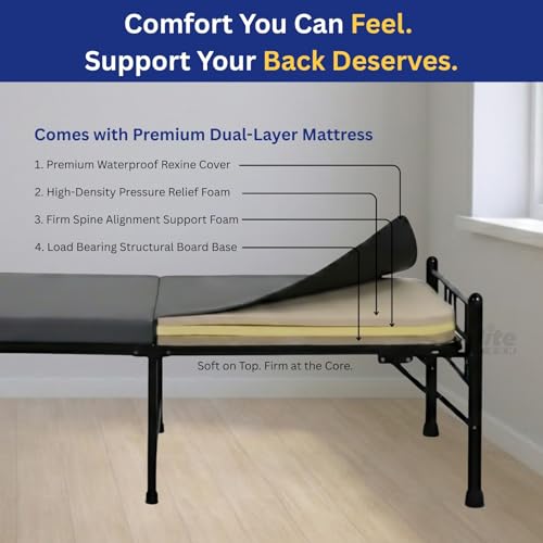 Image of DELITE KOM Lyra Foldable Metal Single Bed (6.7x3ft) with Mattress | No Install | 1 Year Warranty | Strong Metal Single Bed, 204.5 cm x 92 cm (6.71 ft x 3.02 ft) (Finish Color - Black