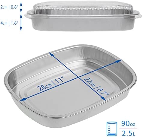 STACKABLES ~ Pack of 5 Aluminium Foil Solid Silver Trays With Clear Lids 28 X 22cm (11 x 8.7 inch)~ Food Storage Container Reusable Pans with Lids