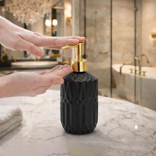 Image of Luxe Home International Geometric Texture Pattern Glass Soap Dispenser for Bathroom and Kitchen Sink Leak Proof Liquid Hand Wash Round Bottle Lightweight Smooth Finish (19x7.5 cm Black) Pack of 1