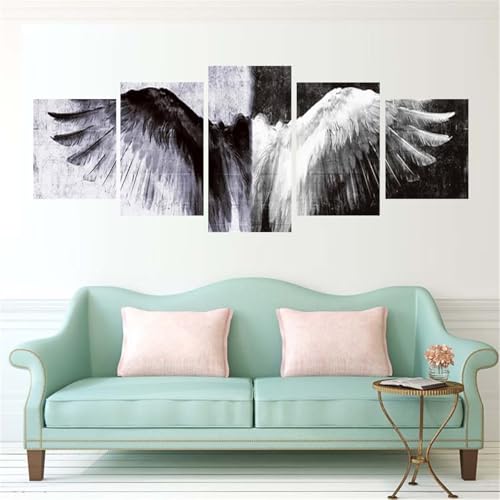 Diamond painting 5 panneaux broderie diamant ailes noir et blanc kit complet pour salon