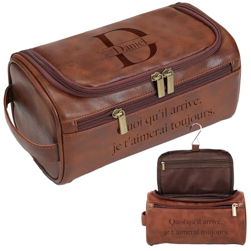 Easycosy Trousse de Toilette Homme Personnalisée -Cadeau Homme Noël- Sac Organisateuer de Toilette Trousse avec Crochet en Cuir pour Voyage Gym Business Vacance Idee Cadeau Homme Original Papa Papy