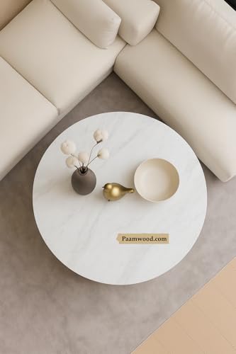 Image of Modern Round Centre Table - 76x76x46 cm | White Marble Top with Gold Accent Strip & Charcoal Louvers | Luxury Coffee & Tea Table for Living Room, Lounge & Entryway (Grey)