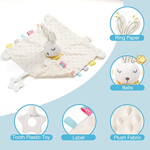 Image of Loveys for Babies, Security Blanket Soft Stuffed Animal Bunny Lovey Unisex Lovie Baby Stuff Snuggle Blanket with Tags Teether Bells, Soothing Plush Toys Baby Gift for Newborn, White Rabbit