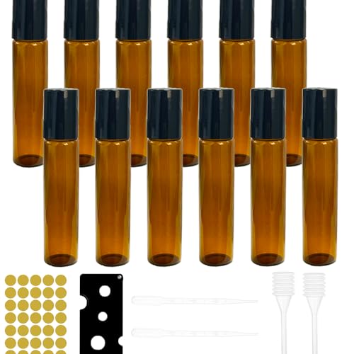 Loiina 12 Pack of 10 ml Roll On Glass Bottles for Essential Oils, Brown, Reusable Versatility, UV Resistant Material & Accessories Set