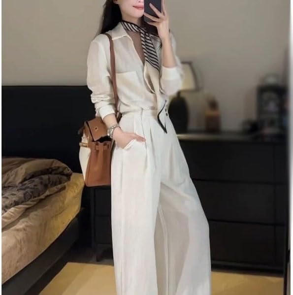 Women Linen Shirt Set Summer Blouse Wide Leg Pants Casual Outfit