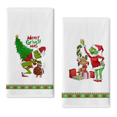Seliem Merry Christmas Decorative Kitchen Dish Towel, Funny Red Green Xmas Tree Dog Bath Fingertip Towel Tea Bar Hand Drying Cloth, Winter Holiday Puppy Farmhouse Decor Home Decorations 18 x 26 Inch