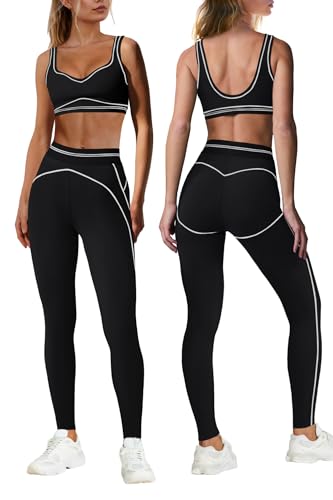 Nirovien Womens 2 Piece Workout Sets Athletic Yoga Sets Gym Outfits Butt Lifting Leggings and Sports Bra(Black,M)