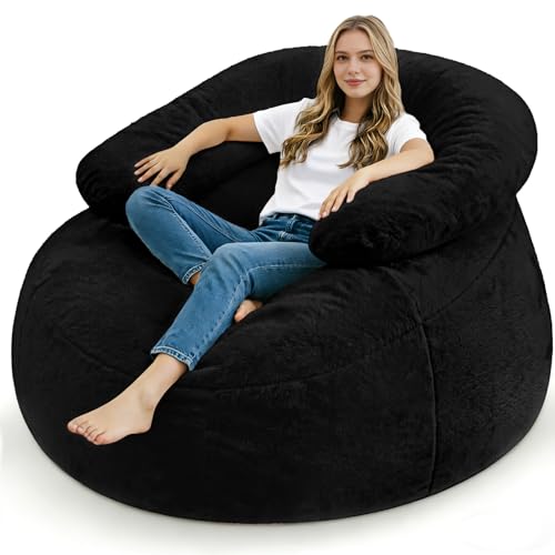 HABUTWAY Giant Faux Fur Bean Bag Chair with Pillow, Black