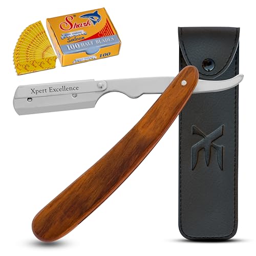 XE Barbero Kit de Maquinilla de Afeitar para Cortar la Garganta con 100 Cuchillas - Maquinilla de Afeitar Moldeadora de una Sola Hoja con Mango de Madera Maquinilla de Afeitar para la Garganta con Bo