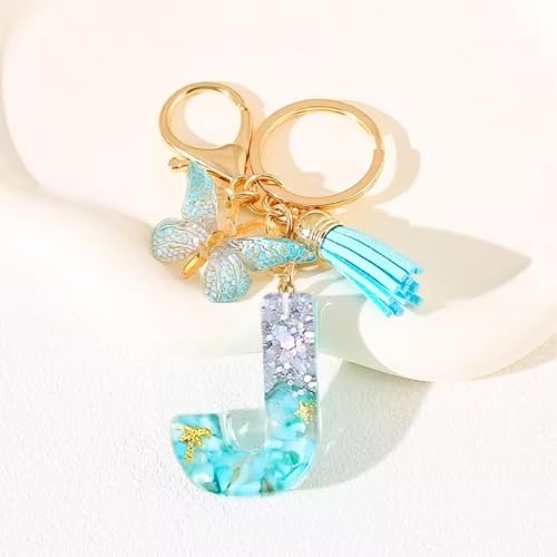 riKRishnaya Artworks Personalized Handmade Resin Alphabet Keychain in Multiple Designs available | For Men & Women | For Bike Wallet Purse Backpack Gift (J, Blue Sliver Stone)