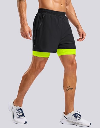 Pudolla Men's 7" Running Shorts with Zipper Pockets Quick Dry 2 in 1 Workout Gym Shorts with Liner for Tennis Yoga Training(Black/Fluorescent XX-Large) — view 3