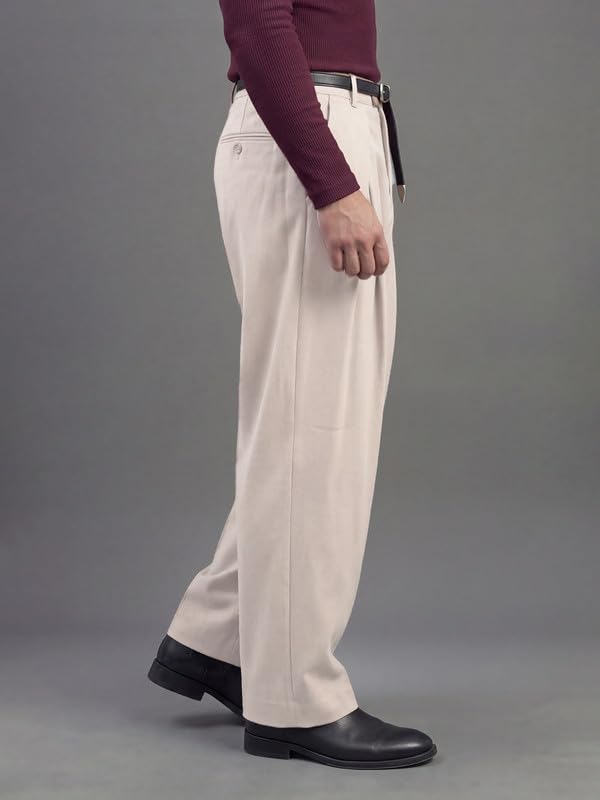 Image of FUGAZEE Cream Korean Pleated Trousers | Relaxed Fit & Korean Pants