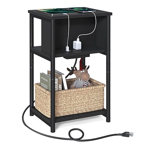 Image of VASAGLE Side Table with Charging Station, 3-Tier End Table with USB Ports and Outlets, Nightstand for Living Room, Bedroom, 11.8 x 13.4 x 22.8 Inches, Plug-in Series, Black