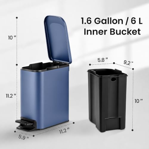 Image of TIPGO Small Bathroom Trash Can with Lid, 1.6 Gal, Soft Close, Navy Blue | Foot Pedal, Soft Quiet Lid, 5.9'' Slim for Narrow Space, Stainless Steel, Anti-fingerprint, Removable Inner Bucket, Odor Seal