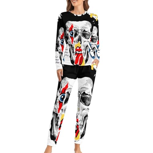 Pyjama femme avec t-shirt à manches longues et pantalon sleepwear au motif drôle de crâne
