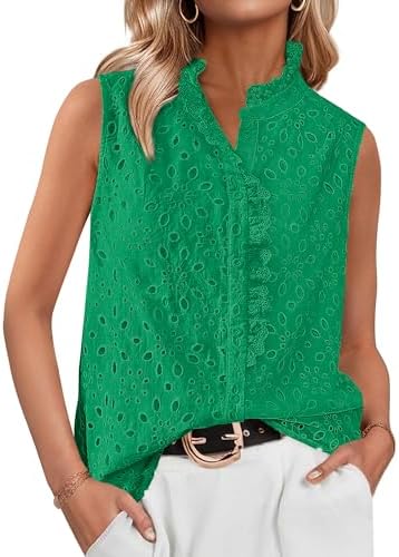 BTFBM Women's Sleeveless Button Down Shirts Ruffle V Neck Casual Hollow Out Eyelet Tops Boho Summer Vacation Blouse 2025
