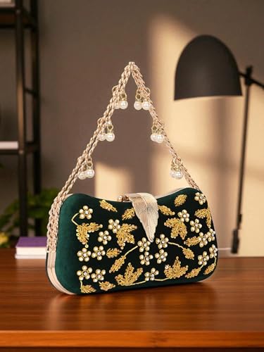 Image of TOOBA Handicraft Clutch Purse For Women with Sleek Design Embroidered Leaf Clutch| Trendy Stylish Bridal, Party, Wedding Sling Bag