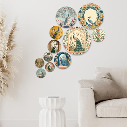 Image of RADIQORE Set of 11 Designer MDF Wooden Wall Hanging for Home Decoration | Office | Gift | Wall Decor Hanging Items | Wall Art | Living Room | Bedroom (peacock)