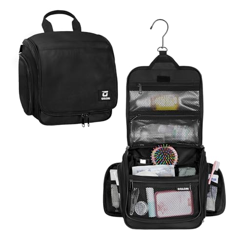 Goloni Hanging Toiletry Bag with Hook, Large Makeup Bag Travel Organizer, Water-Resistant Hanging Cosmetic Bag with 10 Compartments for Women & Men,Black