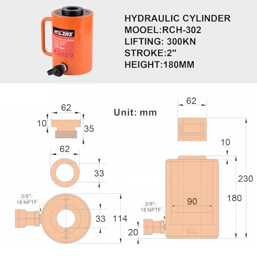 Image of HZLZRZ 30T Hydraulic Cylinder Jack Hollow Single Acting Hydraulic Ram Cylinder, Hydraulic Lifting Cylinders 2 inch(50mm) and Porta Power Kit(RCH-302)