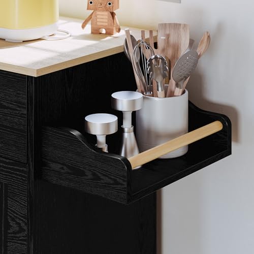 IRONCK Kitchen Island with Storage, Rolling Kitchen Island on Wheels with Drop Leaf, Charging Station, 3 Open Spice Rack, Cabinet, Drawer, Kitchen Cart Island Table for Kitchen, Black