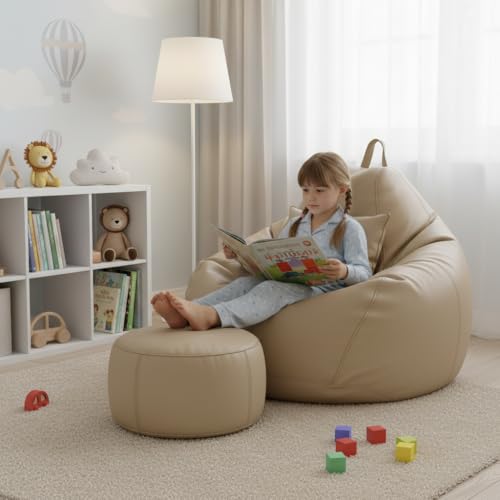 Image of KAM'S LIEU 6XL Jumbo Premium Bean Bag Chair with Footrest & Cushion | Filled with High Density EPS Beans | Comfortable Sofa for Living Room & Bedroom | 6 Months Warranty, Color- (Cream, 6XL, Premium)