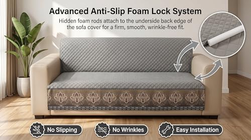 Image of Gray Velvet Sofa Mat, L Shape 3+2 | Full Cover for Seat & Back, Anti-Skid, Machine Washable