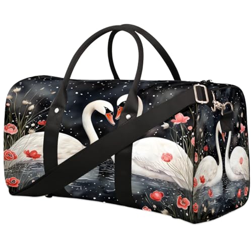Swans White Pattern Travel Duffel Bag for Women Men Foldable Sport Gym Tote Bag Lightweight Waterproof Weekender Overnight Bag for Weekend Holiday Gym Swim Yoga