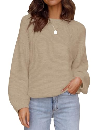 ZESICA Women's Crew Neck Long Lantern Sleeve Fall 2025 Casual Loose Ribbed Knit Solid Soft Pullover Sweater Tops