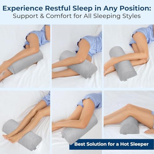 Image of 5 STARS UNITED Knee Pillow for Back Sleeping - Cooling Cover - Memory Foam Cushion - Under Leg Support for Sleeping on Back - Half Moon Bolster for Bed, Arctic Gray