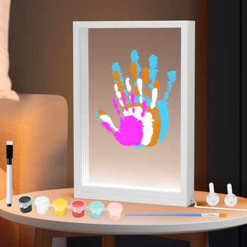 SKJJM Juego de impresión de manos familiar con lámpara de noche LED, huella de pie para bebé, juego de 4 placas de PS, marco de madera para manualidades, ideas de regalo personalizadas para el día del