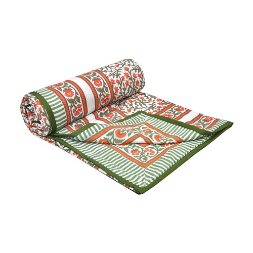 Image of BLOCKS OF INDIA Hand Block Printed Cotton Single Size Reversible Malma Dohar for Summer (Red Green Jaal, 200 Tc)